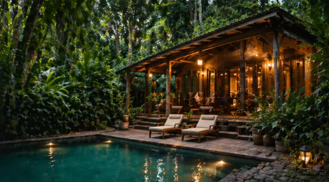 Cabin surrounded by vegetation in a private setting